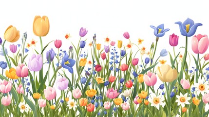 A colorful field of flowers with a white background. The flowers are of various colors and sizes, The flowers are arranged in a way that creates a sense of harmony and balance.