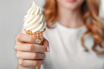 Woman Hand Holding Sweet Ice Cream in Wafer Cone, Generative AI