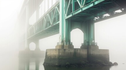 A bridge over the river in the morning fog. Mystical and mysterious atmosphere of the landscape. Generative AI