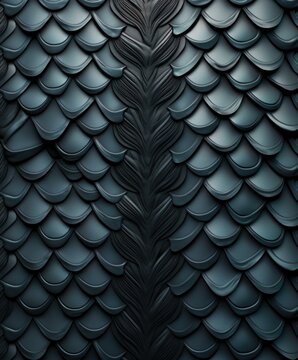 A close up of a black and blue dragon scale pattern. Generative AI.
