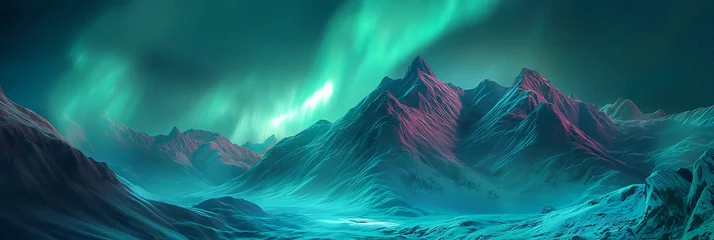 Poster  landscape of scenic layers of snow mountains in northern with colorful aurora light © Maizal