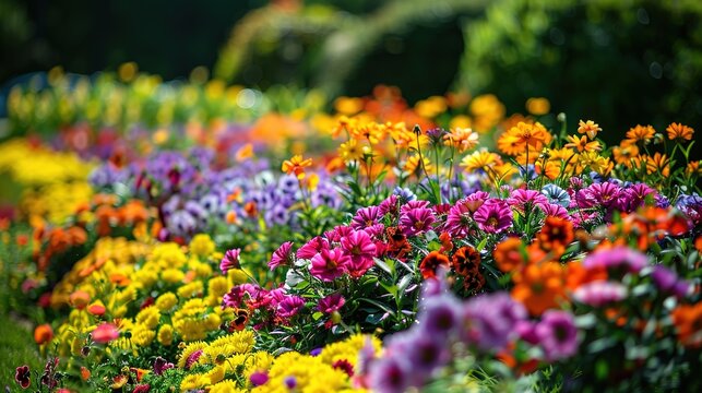 Multi-colored flower bed in the park. Lots of beautiful summer flowers. Lush bright flowering in the garden. Multicolor blooming front garden. Outdoor summer gardening