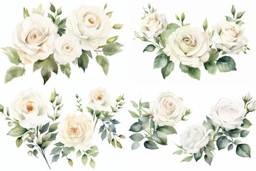 Obraz na płótnie Canvas Watercolor white roses set isolated on white background. Clip arts for graphic resources. 