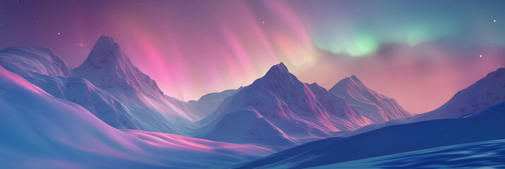 Scenic layers of snow mountains in northern with colorful aurora light - obrazy, fototapety, plakaty