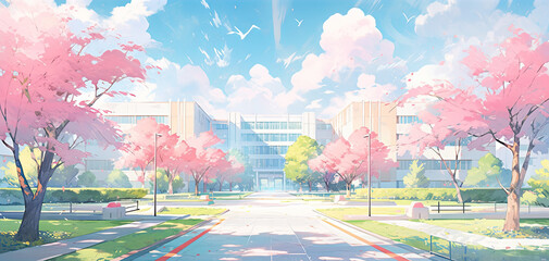 Spring cherry tree blooming in campus. - obrazy, fototapety, plakaty