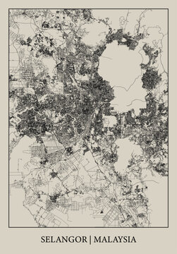 Selangor (Malaysia) street map outline for poster.