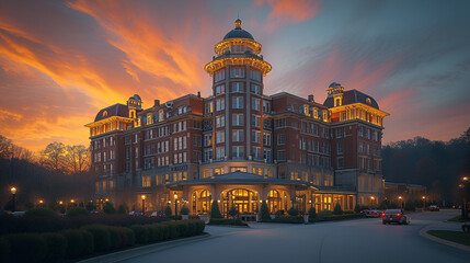Historic hotel - orange clouds - sunset - golden hour - artistic architecture  - obrazy, fototapety, plakaty