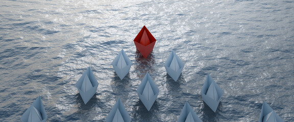 think outside the box,Leadership,teamwork,boss,lead and courage concept.Unique red isometric paper ship and many white ones on turquoise blue sea.3D Rendering and illustration