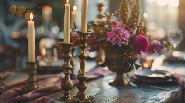 Antique brass candlestick holders with ornate detailing, adding a touch of vintage charm to the dining table.