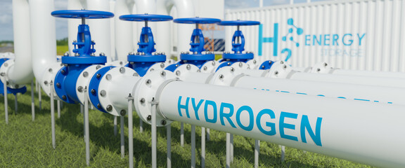 hydrogen pipeline of energy sector towards to ecology,carbon credit,Clean Energy,secure,carbon neutral,transformation,solar,power plant and energy sources balance to replace natural gas.3d rendering.
 - obrazy, fototapety, plakaty