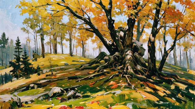 Scene of big trees in forest, Loosely abstract painting, Stylized digital art painting.