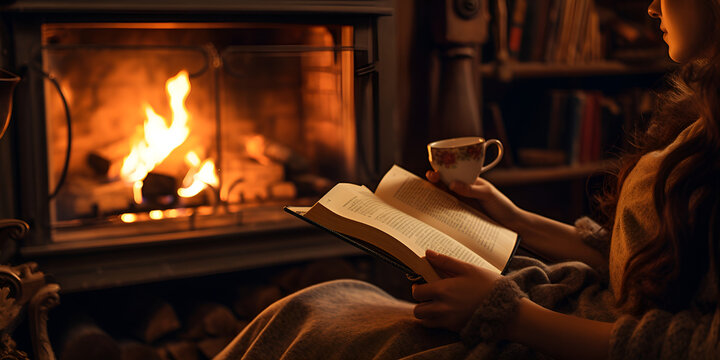 Acogedora chimenea con una taza de chocolate caliente y un libro
