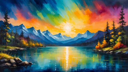 Mountain Lake Serenity: A picturesque landscape captures the beauty of sunrise and sunset over the tranquil waters, framed by majestic mountains, lush forests, and serene skies