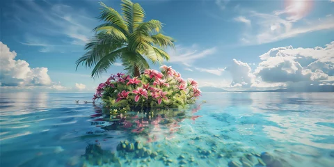 Rolgordijnen Little Tropical Island with coconut tree and flowers with clear water of the sea and blue sky © Maizal