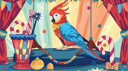 The parrot sits on a swing in the circus. A hare lo