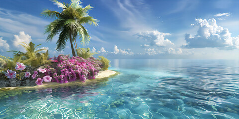 Little Tropical Island with coconut tree and flowers with clear water of the sea and blue sky