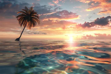 Tuinposter Little Tropical Island with coconut tree and clear water of the sea at sunset © Maizal