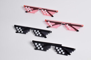 Thug life glasses black and pink color isolated on white background. Pixel art glasses