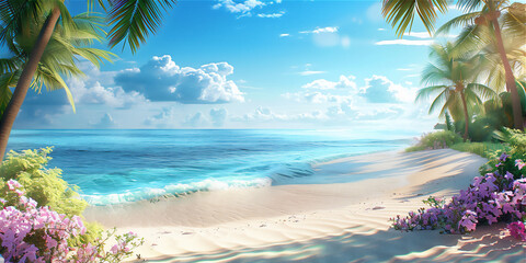Little Tropical beach with coconut tree and clear water of the sea and blue sky