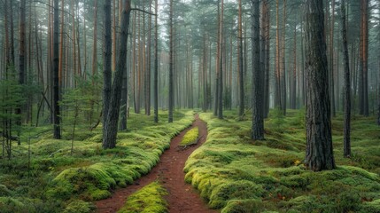 The path passes through a large pine forest. There was moss all over the floor, sunrise. - obrazy, fototapety, plakaty