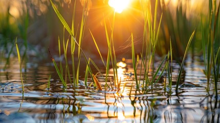 The sun shines behind the grass growing in the water source. - obrazy, fototapety, plakaty