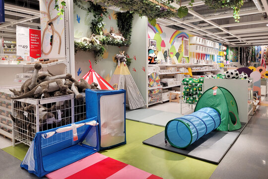 PENANG, MALAYSIA - 27 MAR 2024: 
The interior view of baby and children's playroom showroom inside an IKEA store, known as the world's largest furniture retailer.