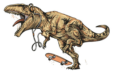 Handmade vector illustration of Tyrannosaurus Rex skater with cellphone and headphones.