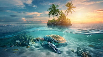 scenic summer Beach with island and coconut trees with turtle under water at sunset