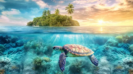 Fototapeten scenic Beach with island and coconut trees with turtle under blue clear water at sunset in summer © Maizal