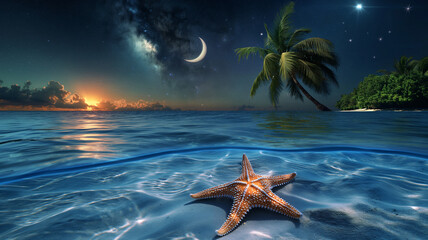 Beach with island and coconut trees with starfish under water at night with milky way stars and crescent moon