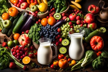 A milk-filled pitcher against a backdrop of colorful fruits and vegetables.