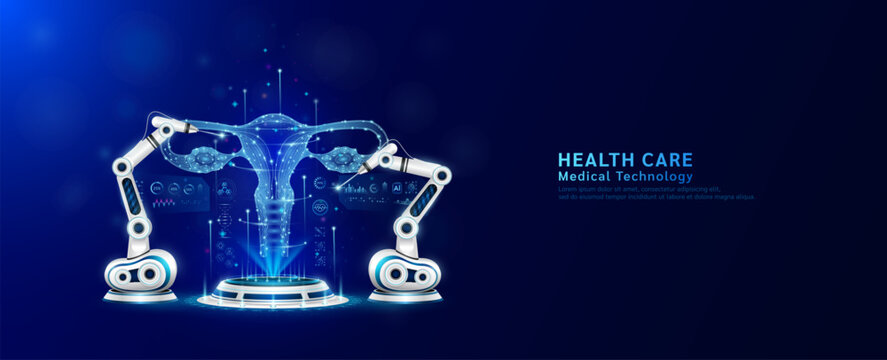 Robot arms operating healing female uterus on the podium. Robotic surgery. Machine surgeon in health care and diagnose disease. Modern medical technologies innovation concept. Banner vector EPS10.