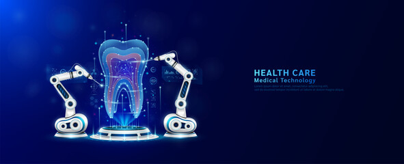 Robot arms operating healing tooth on the podium. Robotic surgery. Machine surgeon in health care and diagnose disease. Modern medical technologies innovation concept. Banner vector EPS10. - obrazy, fototapety, plakaty