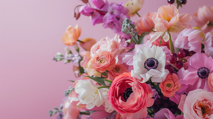bouquet with ranunculi and anemones on a pink background. a delicate spring bouquet. a luxurious bouquet with rare flowers.