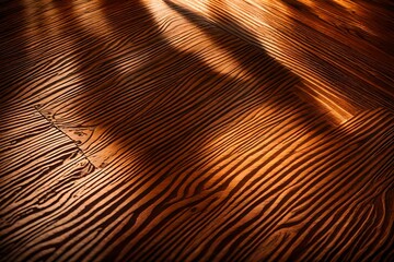 Obraz premium Sunlight filtering through the grain of a polished wooden desk, highlighting its intricate textures and patterns.