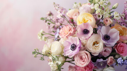 a delicate purple bouquet with anemones, ranunculi and roses. purple bouquet in close-up. delicate anemones in a spring bouquet.