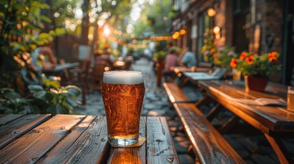 glass of beer on wooden table ,The bar beer is in the garden There is a special time for drinking.