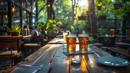 glass of beer on wooden table ,The bar beer is in the garden There is a special time for drinking.