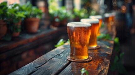 glass of beer on wooden table ,The bar beer is in the garden There is a special time for drinking.