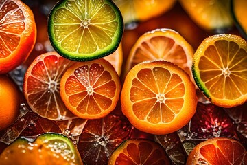 A macro shot capturing the translucent, jewel-like appearance of a segmented citrus fruit.
