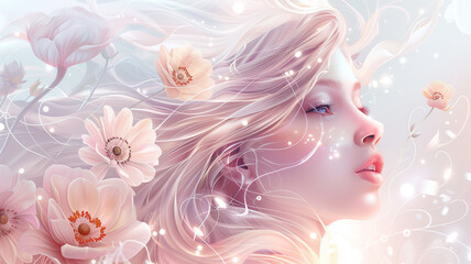 A beautiful young girl with her hair blowing in the wind. a feminine woman among flowers and magic. the fairy of flowers.