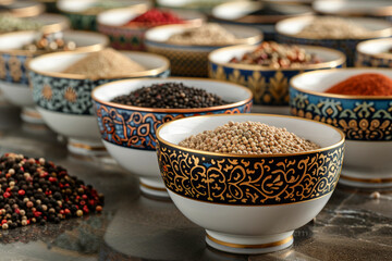 Create a conceptual image of abstract food spices presented in elegant porcelain bowls with...
