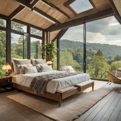 a luxurious bungalow bedroom with floor-to-ceiling windows framing a stunning natural landscape. The plush upholstered bed and soft bedding provide comfort and relaxation, while the panoramic view out