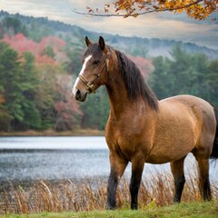 Copper Bay Roan Horse By A Lake