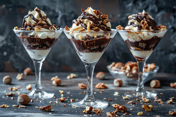 Design an abstract composition featuring ice cream sundaes served in martini glasses, layered with decadent toppings like chocolate ganache, caramelized nuts, and whipped cream, for an indulgent  - obrazy, fototapety, plakaty