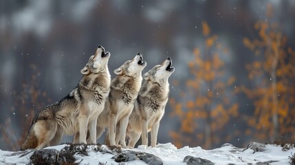 Wolves Howling in Winter Snowfall. A pack of wolves tilts their heads upward, howling in unison against a backdrop of gentle snowfall and autumnal trees.