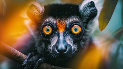 Fototapeta premium Intense Eyes of a Lemur in the Wild. Lemur clings to a tree, peering out with striking orange eyes that stand out in the lush jungle environment.
