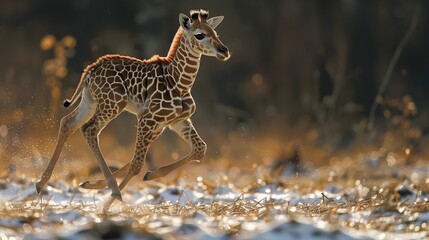 Playful Giraffe Calf Trotting in Golden Light. Giraffe calf experiences the warmth of the savanna, playfully trotting with sunlit drops highlighting its youthful energy. - obrazy, fototapety, plakaty