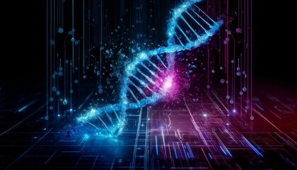 Digital rendering of a DNA helix in a futuristic cyber environment, suitable for genetics research, biotechnology presentations, and educational content