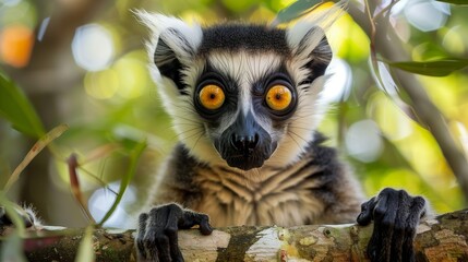 Fototapeta premium Curious Lemur Peering Through Trees. Wide-eyed lemur clings to a tree, its striking eyes gazing curiously through the lush foliage of its forest home.